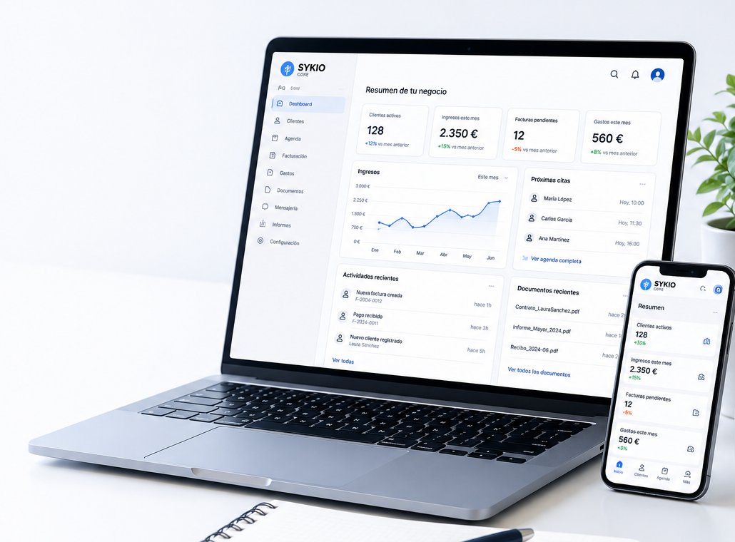 SIKIO business overview panel with active clients, revenue and pending invoices, shown on a laptop and a phone