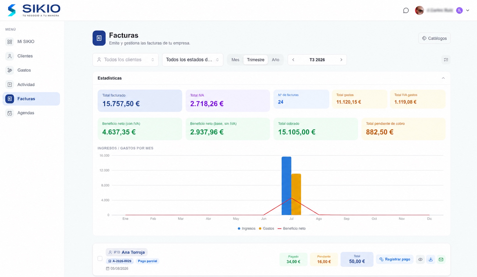 SIKIO invoicing and invoice control screen
